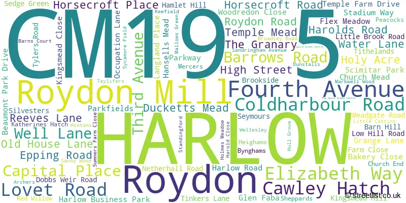A word cloud for the CM19 5 postcode